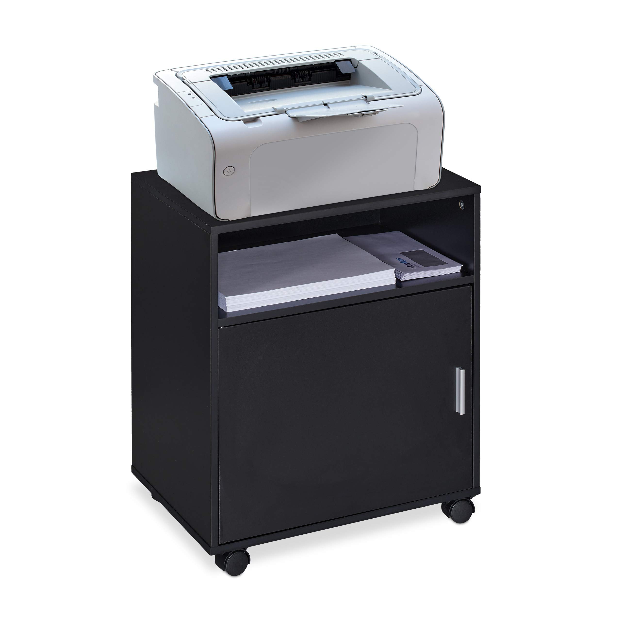 Relaxdays Office Cabinet, Storage, 3 Shelves, Cupboard, Tray, Home, Printer Table, Wheels, HxWxD: 57x48x34 cm, Black