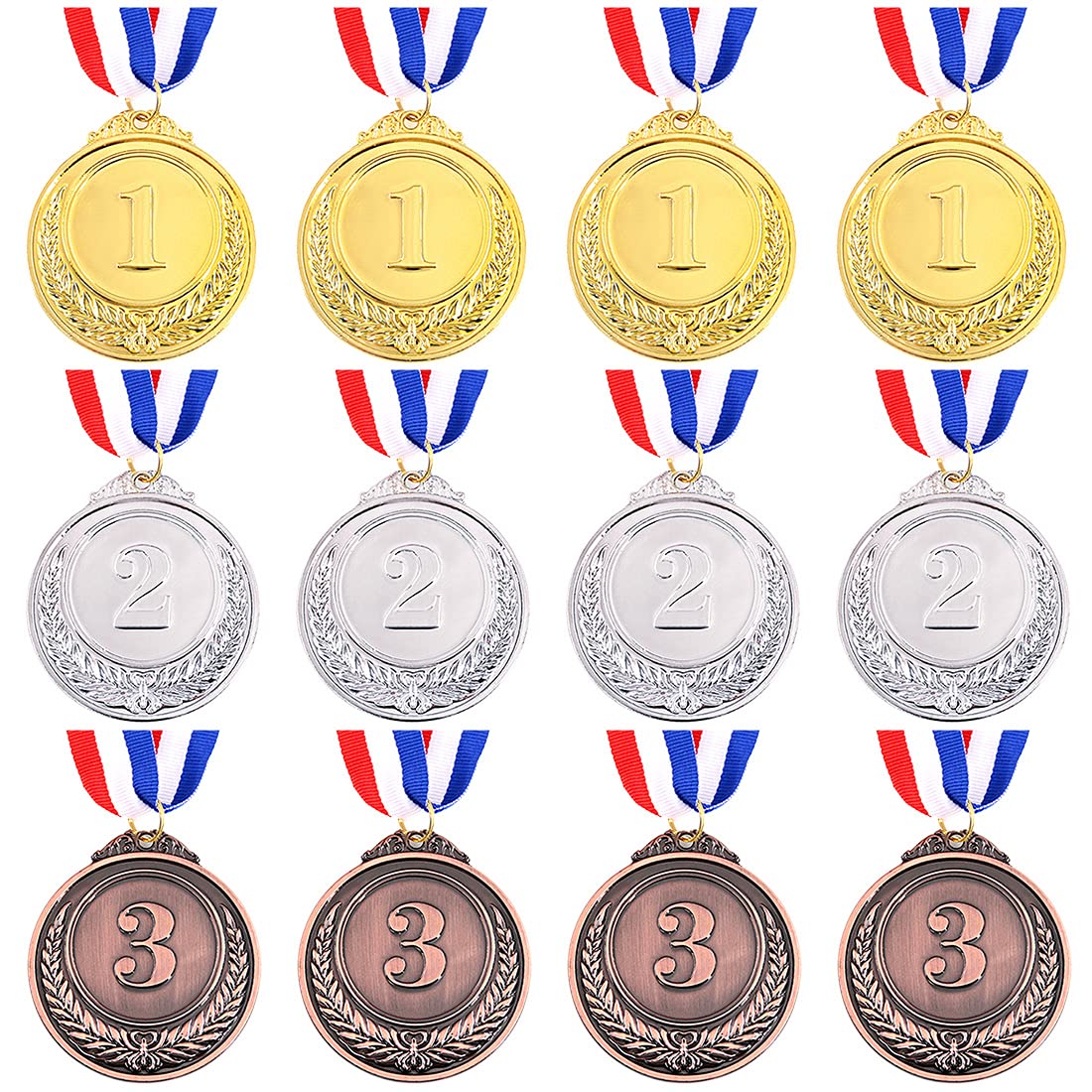Swpeet 12Pcs Metal Gold Silver Bronze Award Medals with Ribbon, Olympic Style Winner Medals for Kids Children's Events, Classrooms, Office Games and Sports - 1st 2nd 3rd Place (Award Medals-12Pcs)