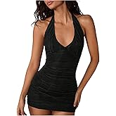 SOLY HUX Women's Halter Mini Dress Textured Deep V Neck Sleeveless Backless Ruched Bodycon Party Dresses