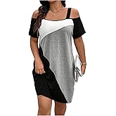 SOLY HUX Women's Plus Size Dress Cold Shoulder Color Block Short Sleeve T Shirt Dress Casual Summer Dresses