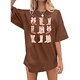 Oversized Western Cowgirl Shirts for Women Let's Go Girls Shirt Country Music Tee Hat Boots Short Sleeve Tops