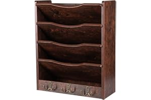 PAG 5-Tier Wall File Holder Hanging Mail Organizer Wood Magazine Literature Rack with 6 Hooks, Brown