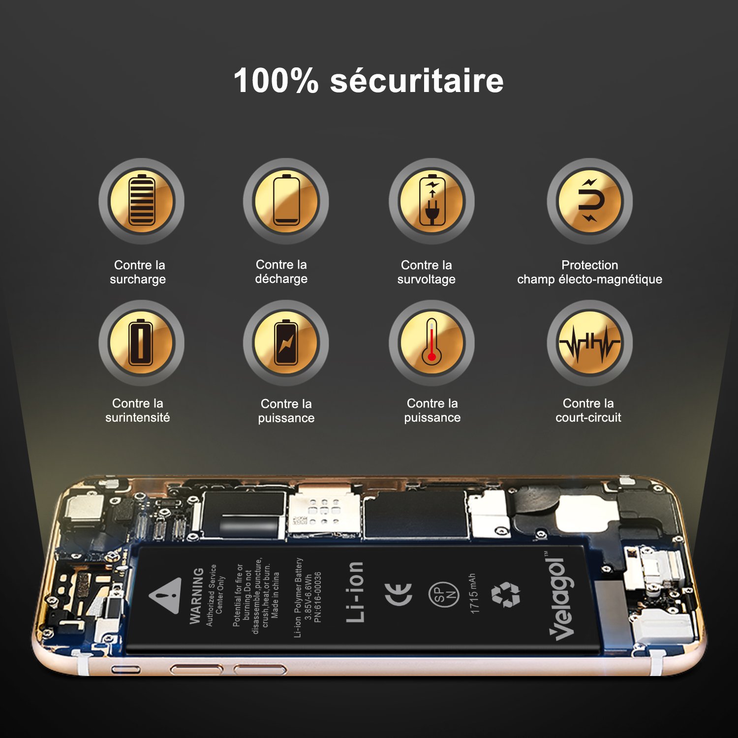 Velagol Batterie Interne Pour iPhone 6S Batterie 1715mAh Batterie en Lithium-Ion Rechargeable de Remplacement Pour iPhone 6S avec Kit d\'outils Carte de Garantie inclus (pas pour iPhone 6)