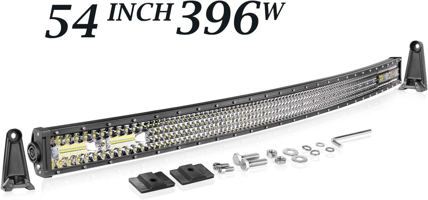 Wayup 54 Inch Curved LED Light Bar Quad Row 396W Spot Flood Combo Beam Off Road LED Driving Work Light Waterproof Fog Lamp for Jeep Pickup Ford Wrangler Truck Dodge Ram RZR
