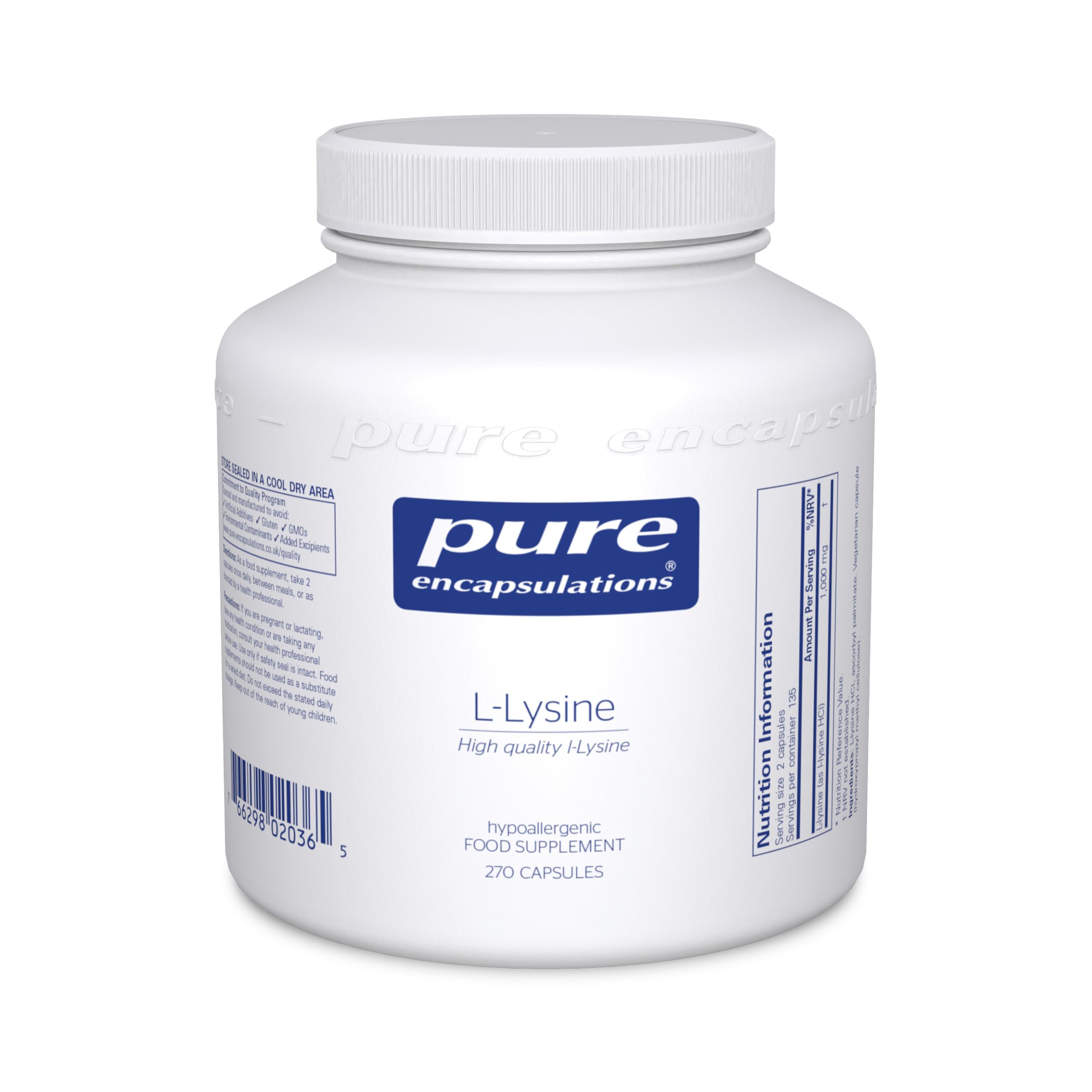 Pure Encapsulations L-Lysine 500mg - Hypoallergenic Essential Amino Acid Supplement - 270 Vegetarian Capsules