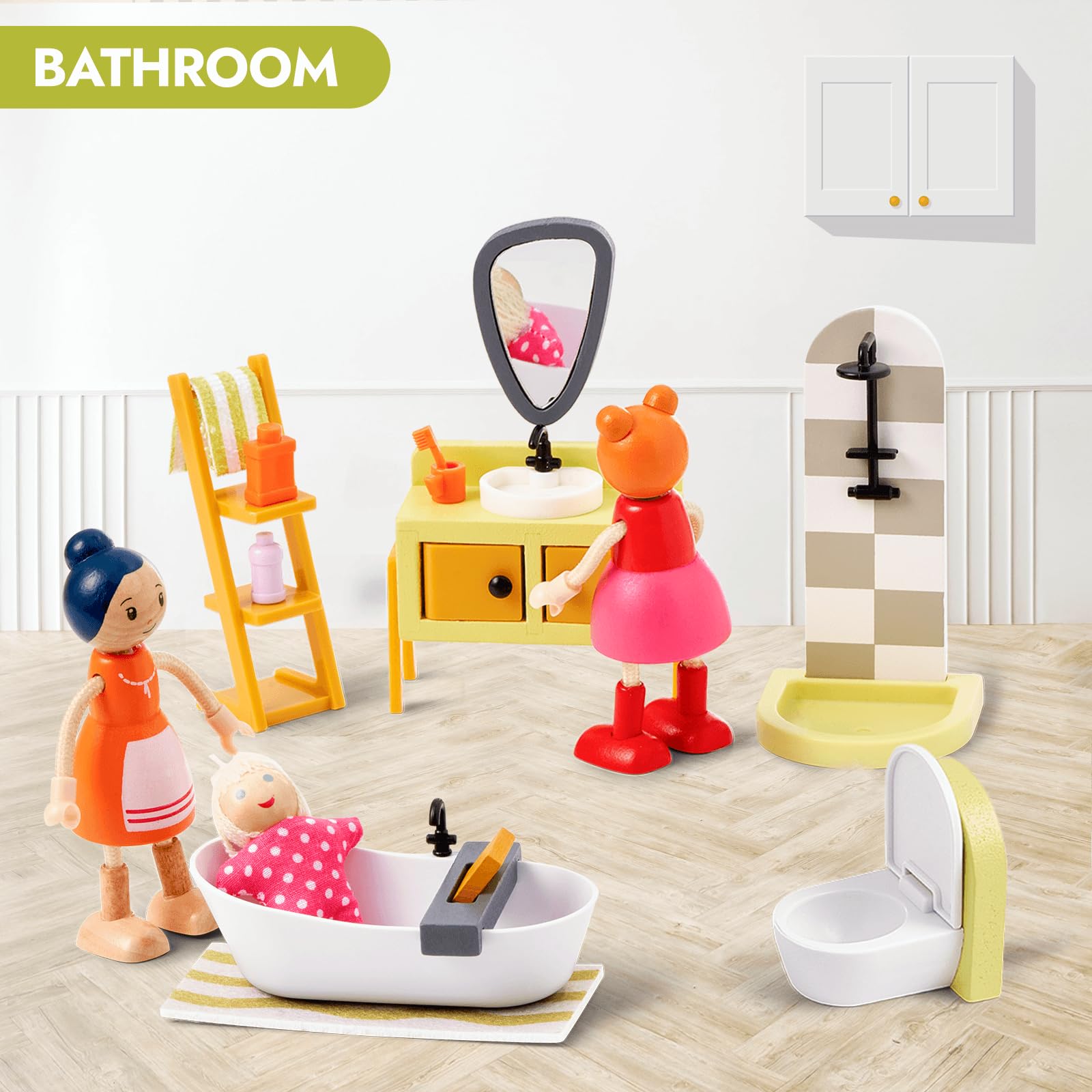 Giant bean 85pcs Wooden Plastic Dollhouse Furniture Set for 6 Rooms, Modern Dollhouse Accessories Pretend Play Furniture Toys for Boys Girls Toddlers & Kids 3 4 5 6 7 Years and up