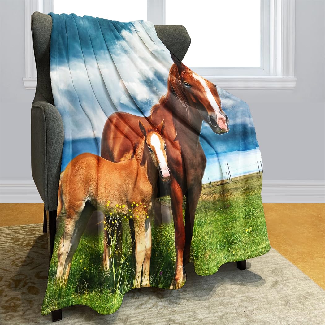 Violetpos Thick Blanket Soft Heat Cosy Flannel Fleece Sofa Blanket with Lid Two Horses Standing on the Grass Blue Sky, flannelette, blue, 125 x 200cm