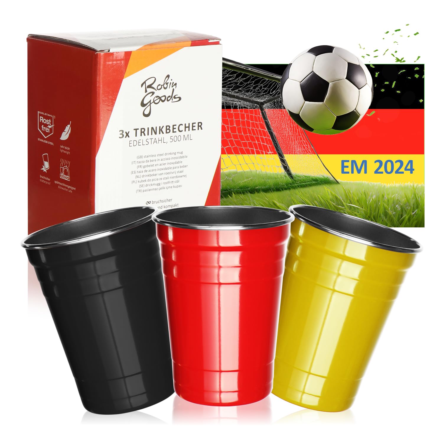 Robin Goods® 3X Stainless Steel Drinking Cups Black, red, Yellow - Cups 500 ml - Camping Cups - shatterproof and BPA-Free (03 Pieces - Black/red/Yellow)