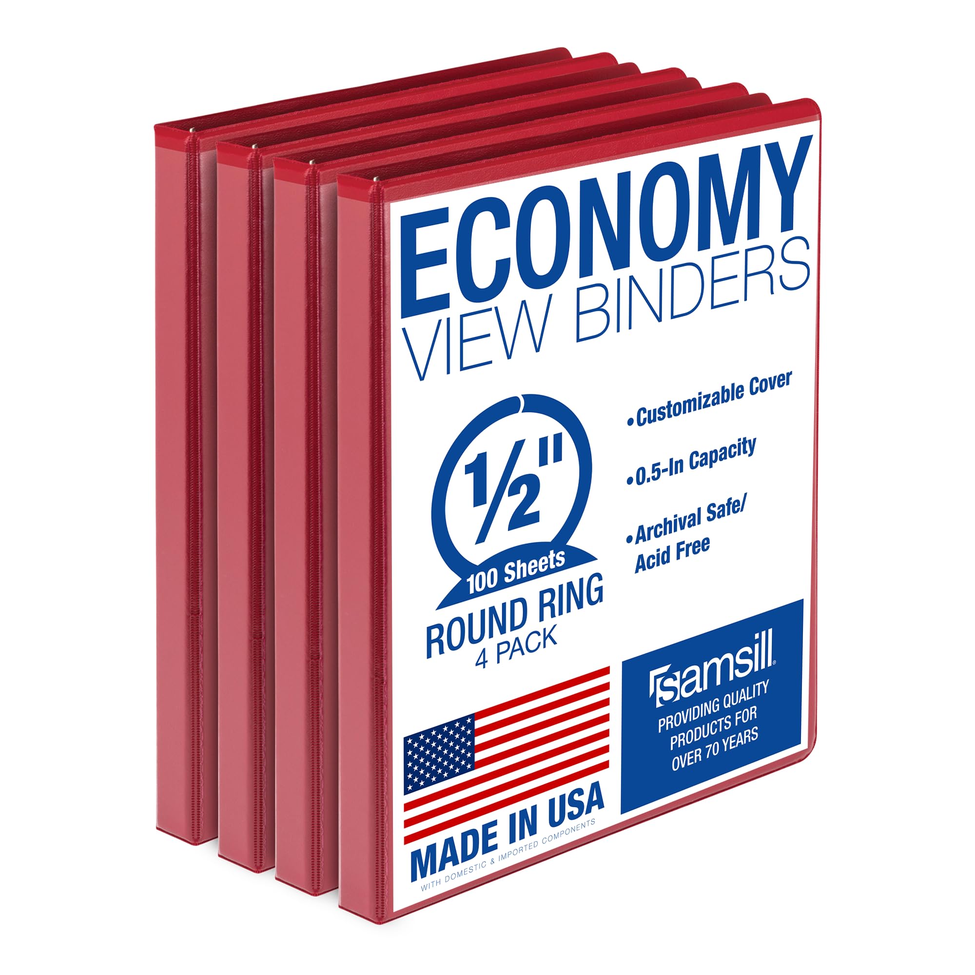 Samsill Economy 0.5 Inch 3 Ring Binder, Made in The USA, Round Ring Binder, Customizable Clear View Cover, Red, 4 Pack (MP48517)