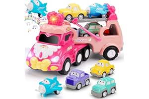 QIRPTEY Toddler Car Toys for 1 2 3 4 Year Old Girl Birthday Gifts 5-in-1 Pink Princess Transport Carrier Trucks for Toddlers 1-3 with Lights & Music Little Toddler Girl Toys Age 1-2 2-3 2-4 Baby First Present