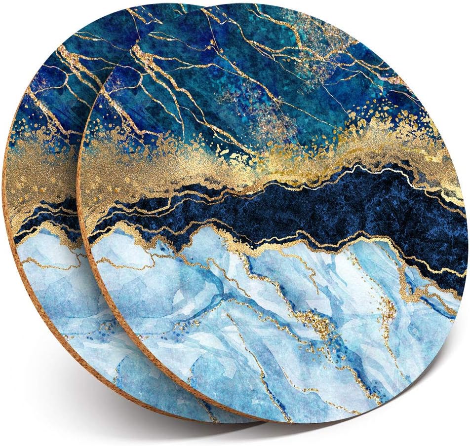 Destination Vinyl ltd Great Coasters (Set of 2) Round with Marbled Art Effect Blue Gold Marble