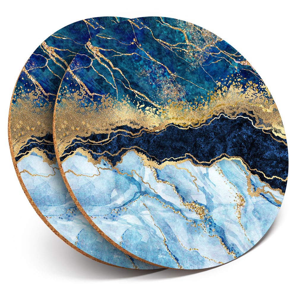 2 x Round Coasters - Marbled Art Effect Blue Gold Marble - Cork Backed Home Kitchen Accessory Tea Coffee Mug Mat #21152