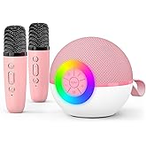 goopow Mini Karaoke Machine Speaker for Kids Adults, Portable Bluetooth Microphone Song Toys with LED Light, Best Chritmas Birthday Festival Gift for 3 4 5 6 7 8+ Year Old Girls Boys (Pink-2MIC)