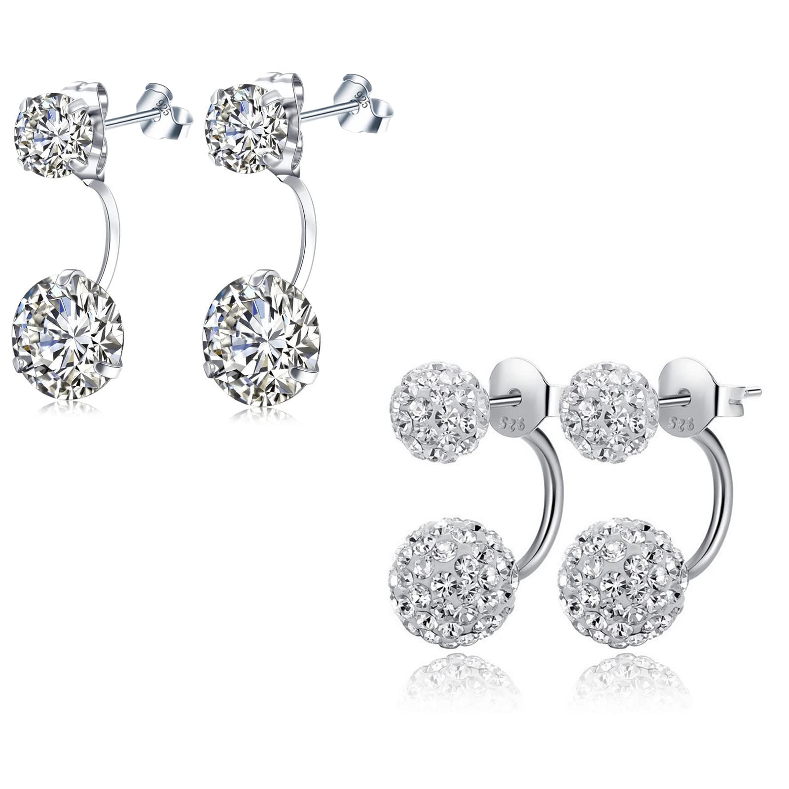 Bo Win 2 Pair Sterling Silver Earrings - Ball Studs with Cubic Zirconia - Silver Studs and Dangle Earrings - Women's Earrings