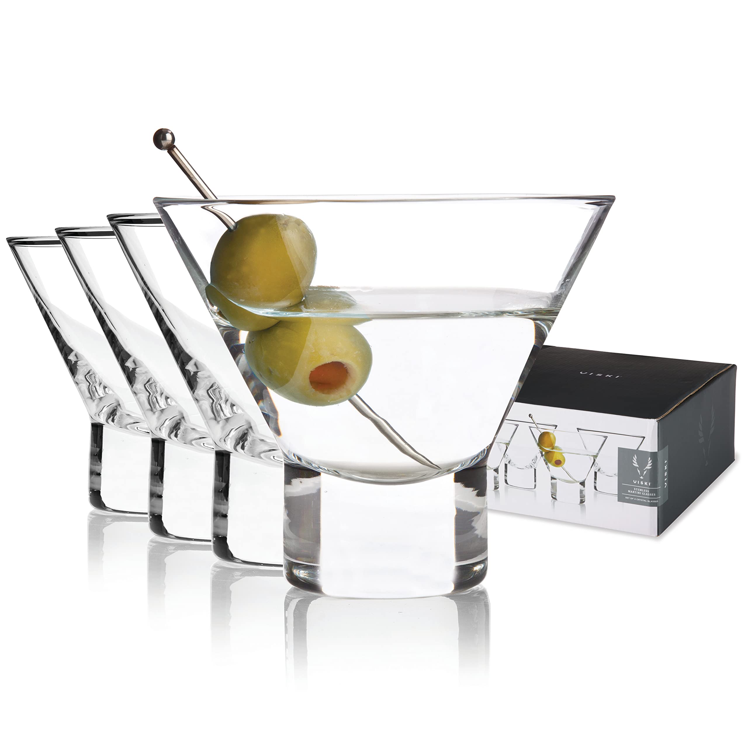 Viski Crystal Stemless Martini Glasses - Fun Cocktail Glasses, Crystal Clear Coupe Glass Gift Set, 7.5 oz, Martini Glasses Set of 4 Image