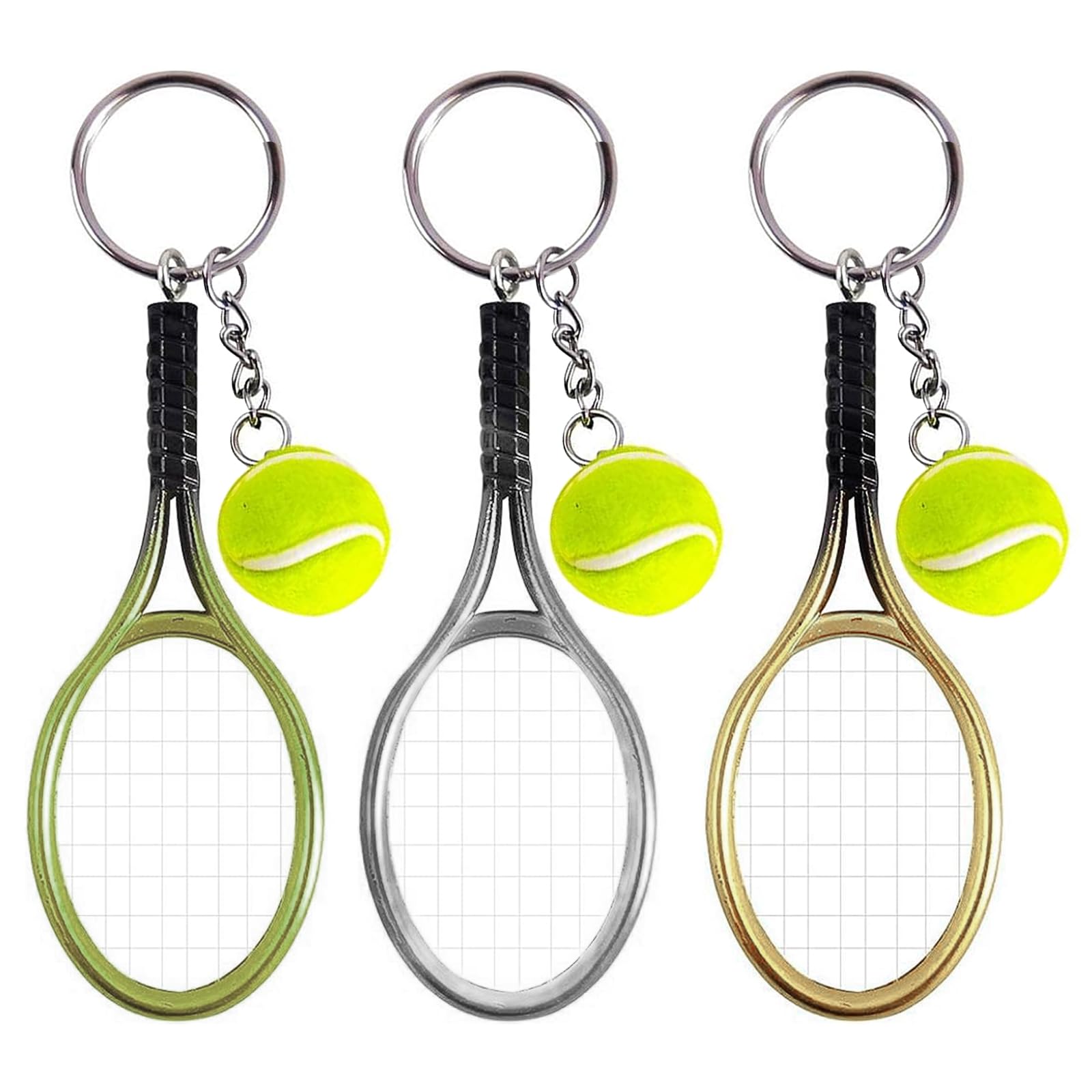 EQLEF Tennis Racket Keychain, 3 Pcs Mini Tennis Ball Keyring Sport Keyring Creative Metal Keychain for Kids Tennis Lovers