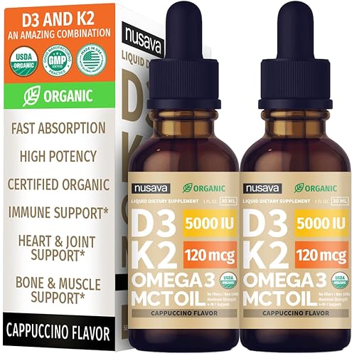 (2 Pack) Organic Vitamin D3 K2 Drops with MCT Oil Omega 3, 5000 IU ...