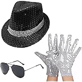 Dance Star Costume for 80s 90s Pop Stage Sequin Gloves Black Fedora Hat Sunglass Cosplay Party Halloween