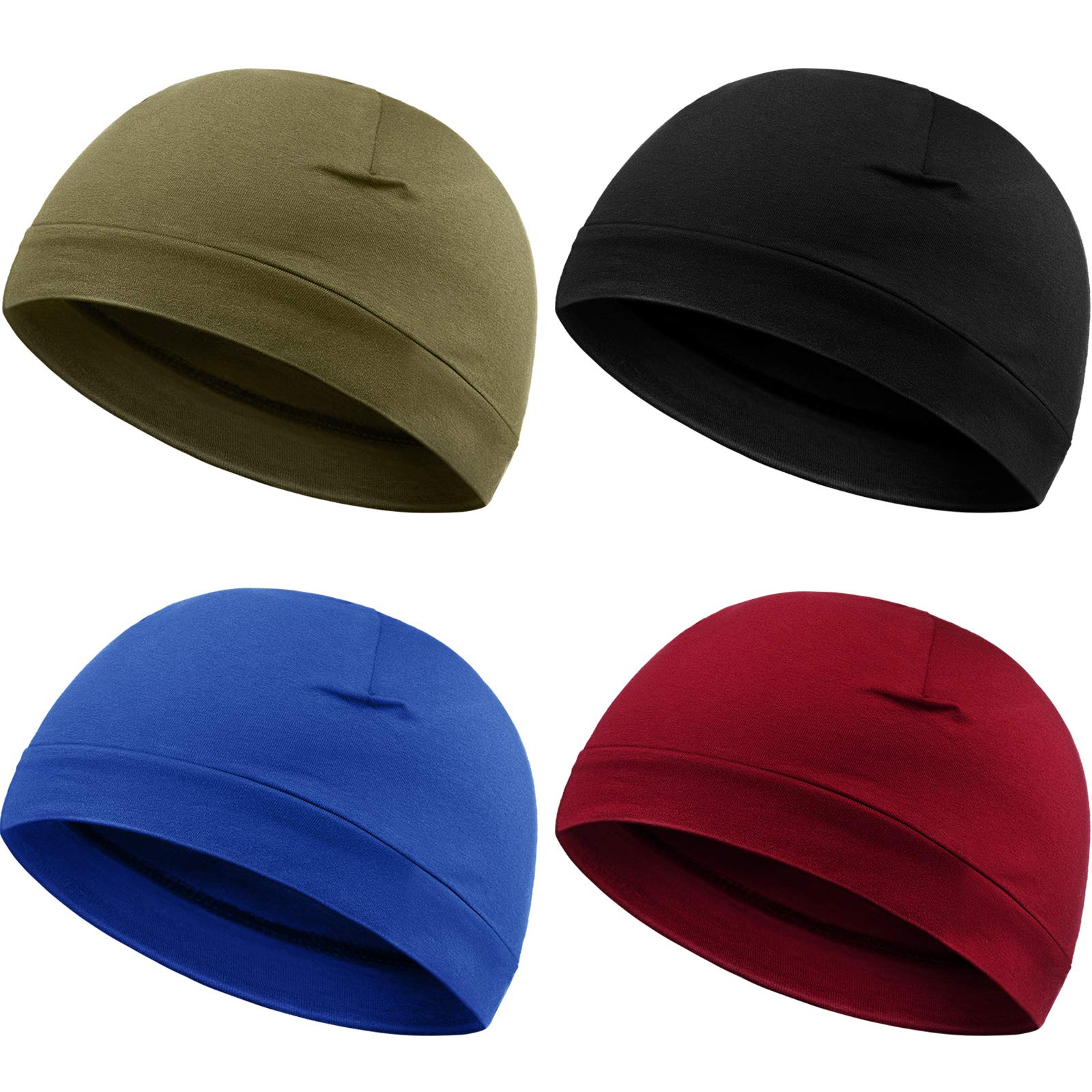 Photo 1 of 4 Pieces Men Skull Caps Soft Cotton Beanie Hats Stretchy Helmet Liner Multifunctional Headwear for Men Women (Green, Blue, Wine Red, Black,Solid Style)
