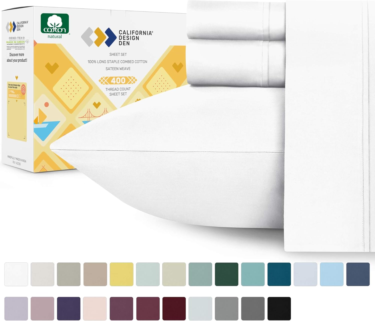 400-Thread-Count 100% Cotton Sheet Pure White Queen-Sheets Set, 4-Piece Long-staple Combed Cotton Best-Bedding Sheets For Bed, Breathable, Soft & Silky Sateen Weave Fits Mattress 16'' Deep Pocket: Home & Kitchen