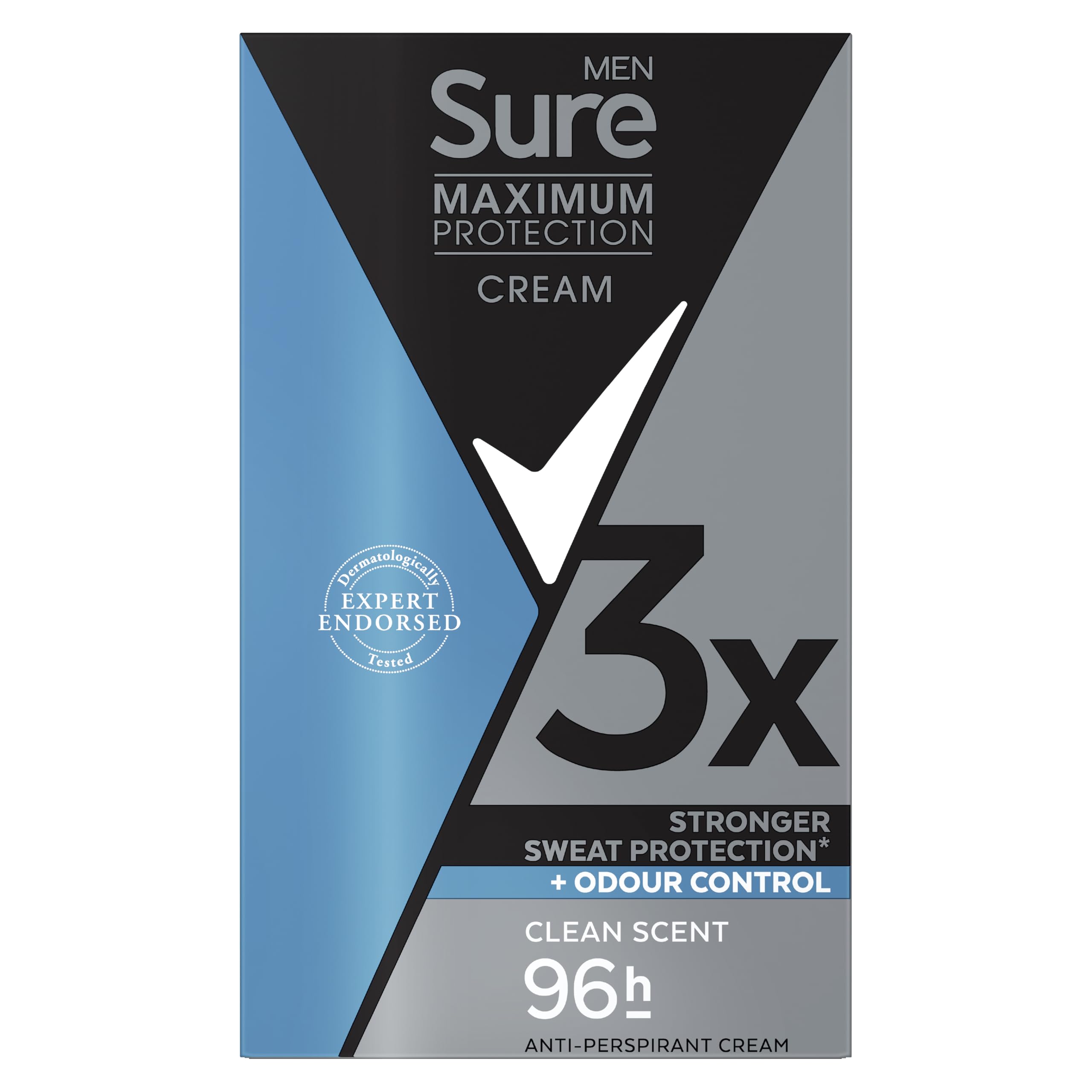 Sure Men Maximum Protection Clean Scent Anti-Perspirant Cream Deodorant Stick with 3x stronger* sweat protection for 96 hour sweat and odour protection 45 ml