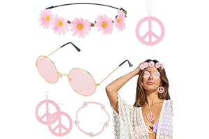 HENSAN 6PCS Hippie Costume Accessories Set, 60s70s Retro Hippie Glasses Peace Sign Earrings and Necklace Sunflower Hair Band