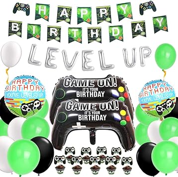 Kreatwow Videospiel Geburtstag Dekorationen Spiel Auf Level Up Spieler Geburtstagsfeier Lieferungen Fur Jungen Luftballons Alles Gute Zum Geburtstag Banner Cupcake Toppers Amazon De Spielzeug