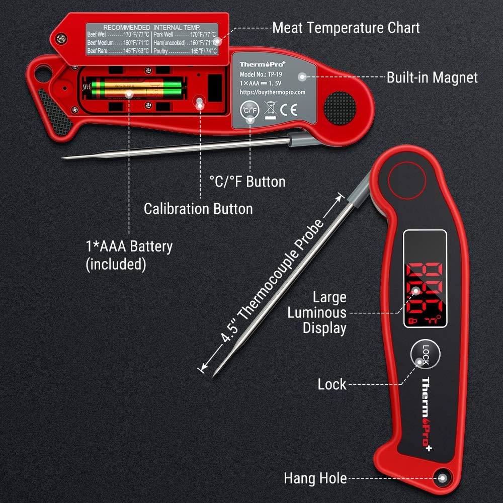 ThermoPro TP19 Waterproof Digital Meat Thermometer for Grilling with Ambidextrous Backlit & Thermocouple Instant Read Thermometer Kitchen Cooking Food Thermometer for Candy Water Oil BBQ Grill Smoker: Kitchen & Dining