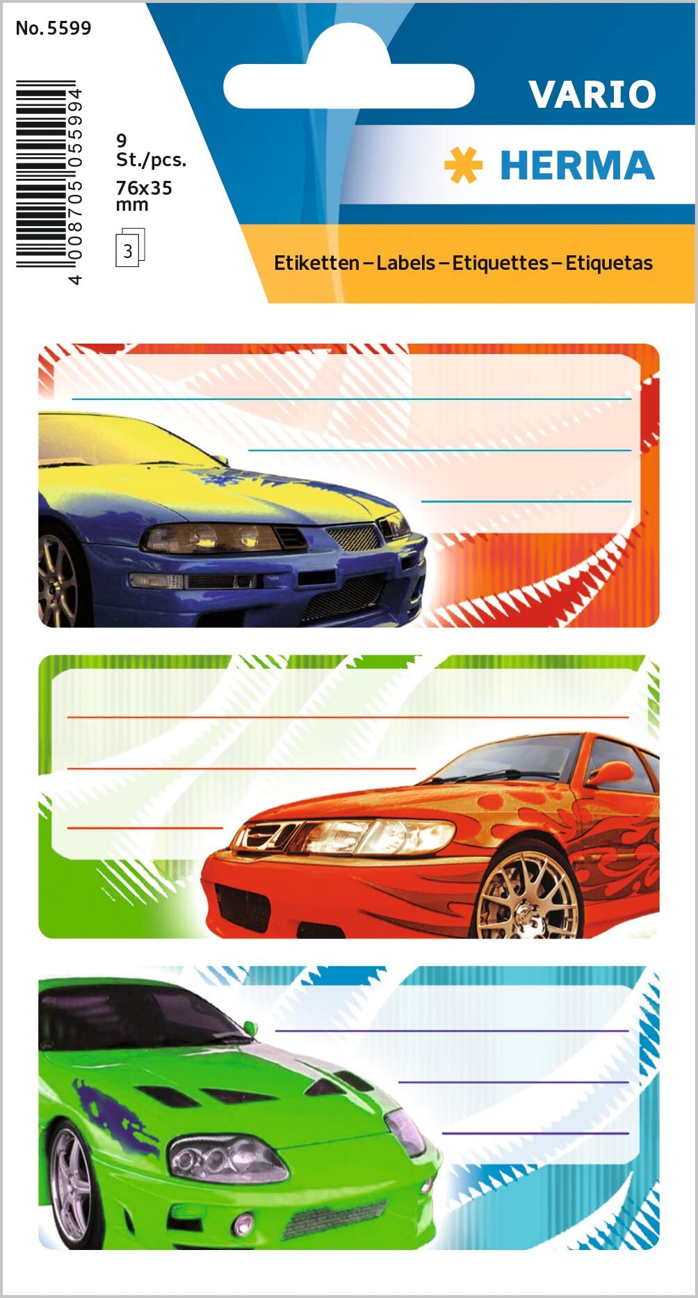 HERMA 5599 Book Labels for Labelling, Tuning (82 x 55 mm, 9 Name Stickers, Paper, Matte) Self-Adhesive, Permanent Adhesive School Labels for Books, Notebooks, Boxes, Household, Colourful