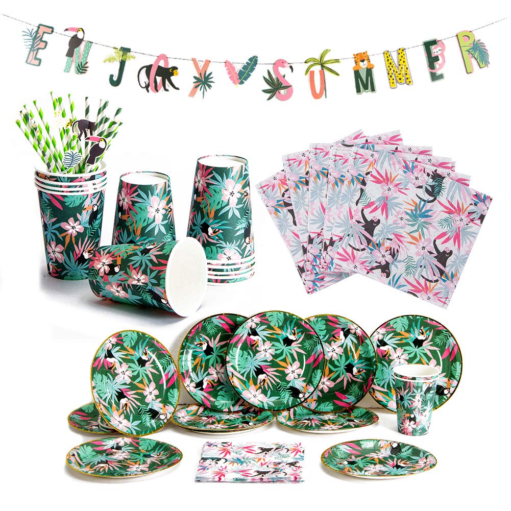 EASY JOY Tropical Theme Party Decorations Enjoy Summer Banner Paper Cups Jungle Party Plates and Napkins Flamingo Toucan Tableware Straws for Hawaiian Beach Party Decorations