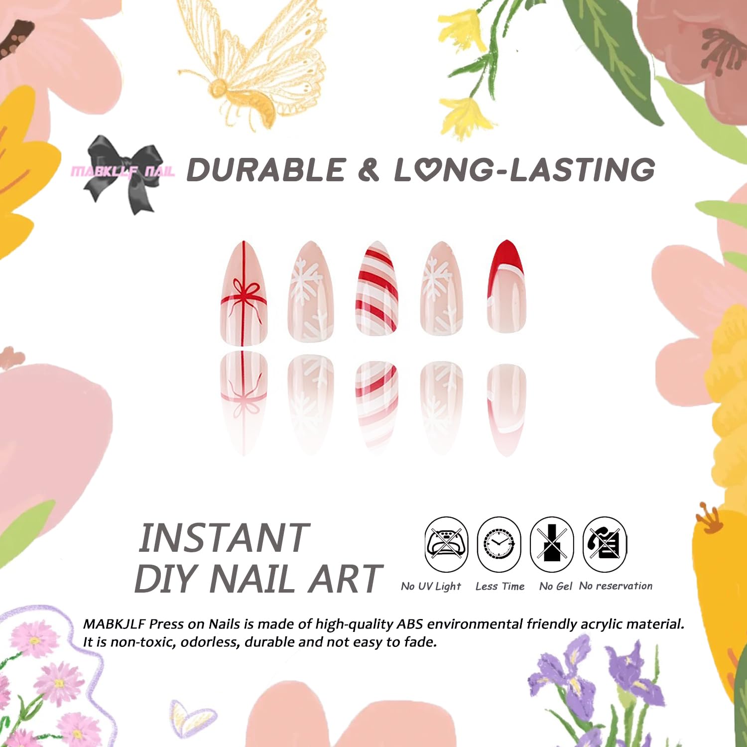 Christmas Press on Nails Medium Almond MABKJLF Red French Tip Fake Nails False Nails with Designs Cute Christmas Hat Snowflake Bow Glossy Glue on Nails for Women Girls 24 Pcs - Image 4