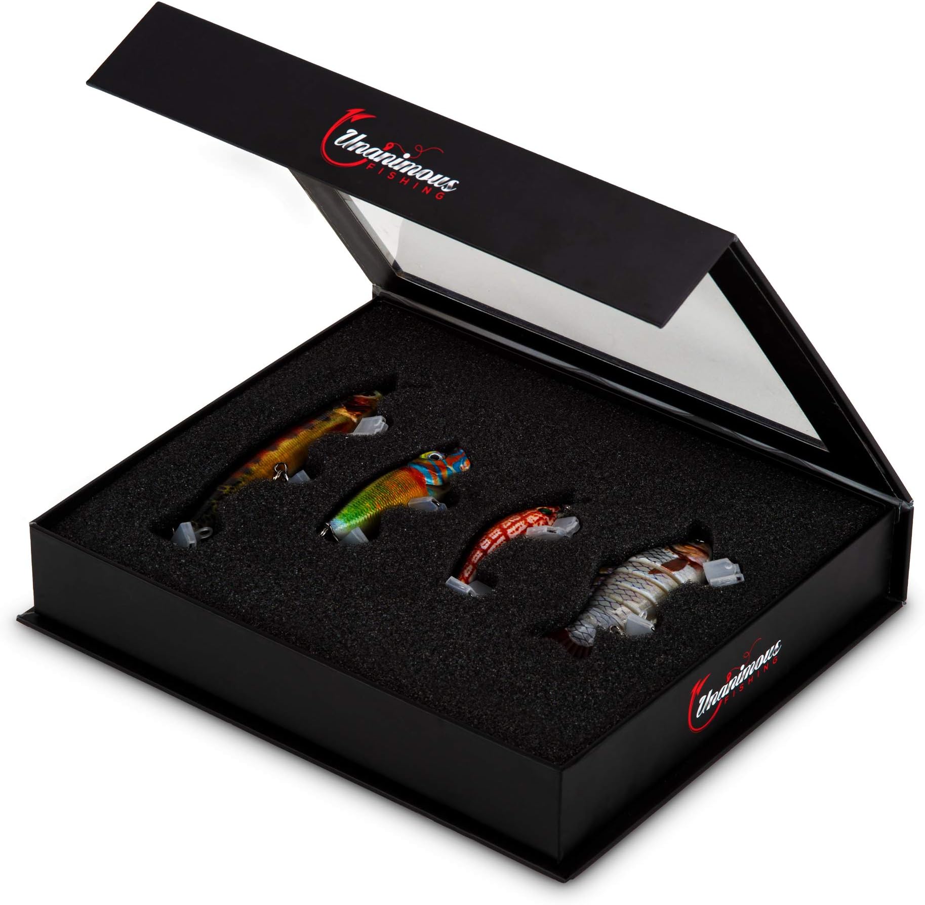 Unanimous Fishing Bass Lures Kit – 4 Lifelike 3D Fish Baits with BKK Treble Hooks for Saltwater and Freshwater Angling – Includes 1 Jointed Swimbait, 1 Topwater Popper and 2 Crankbaits
