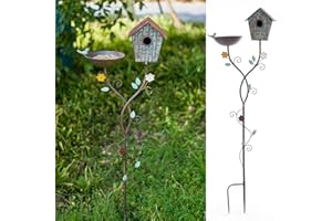 SMQLJXC Bird Baths and BirdHouses with Pole, Distressed Metal Bird Bath Bowl and Birdhouse Stake for Outdoor Garden Yard Decoration (Bird Baths/BirdHouses-B)