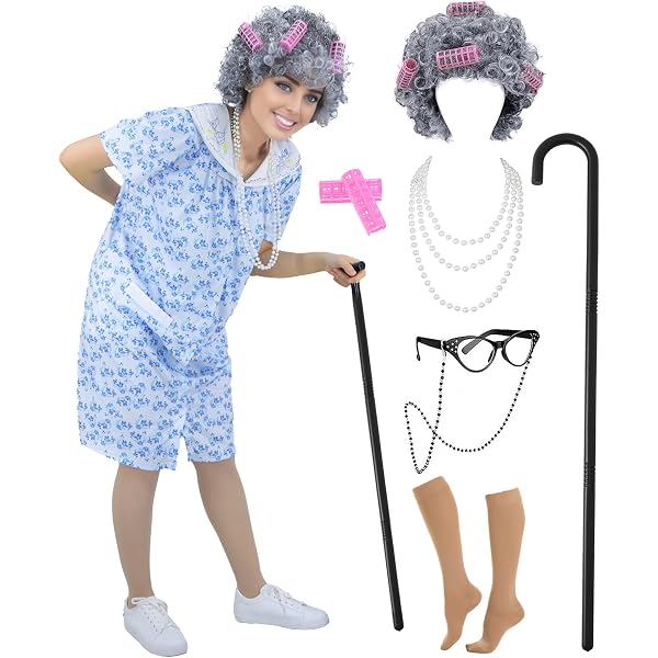 Old Lady Costume Kit For 100th Day Of School & Halloween - Includes Nightgown, Wig, Cane & Accessories