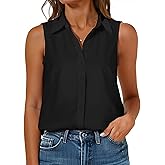 Women's Sleeveless Button Down Blouse, Solid V Neck Classic Collared Tank Top, Casual Work Office Chiffon Shirt