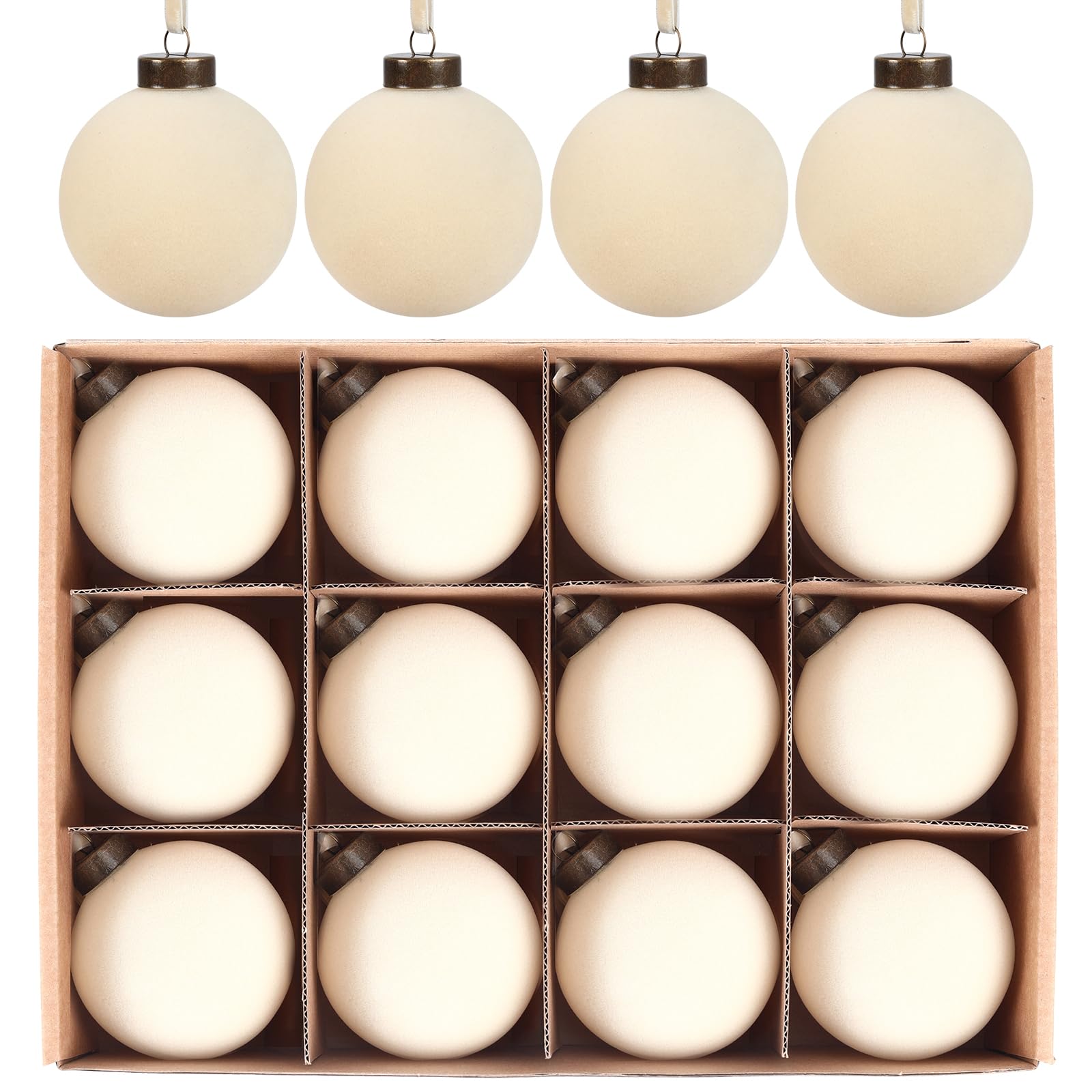 Photo 1 of 12 Pcs Velvet Christmas Balls Bulk Shatterproof Plastic Christmas Tree Decorations for Decorative Hanging Baubles (12, Beige, 3.15Inch)