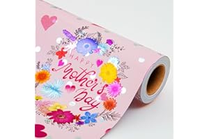 Garbendy Mother's Day Wrapping Paper Roll - Happy Mother's Day Flowers & Foil Heart Designs 17 inches x 32.8 Feet Pink Aluminized Paper…