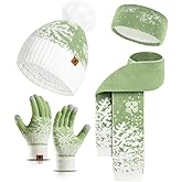 Kawior 4 PCS Hat Gloves Scarf Set for Women with Winter Headband Warm Knit Gloves Scarf Fleece Beanie with Pom Pom