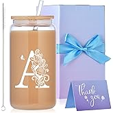 Initial Glass Cups with Lids and Straws, Monogrammed Gifts for Women, 16oz Beer Glass Tumbler, Iced Coffee Mug, Personalized Gift for Christmas. Employee Appreciation Gifts Birthday Gift for Her (A)