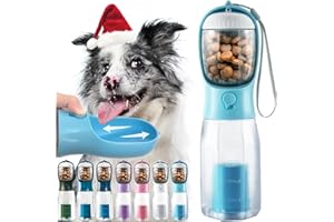 MoonyMars Portable Water Bottle for Dogs, 3 in 1 Pet Travel Bowl Dispenser with Food Treat Container & Poop Bag Holder, Summer Outdoor Walking Hiking Accessories for Large Dog On The Go - Blue, 20oz