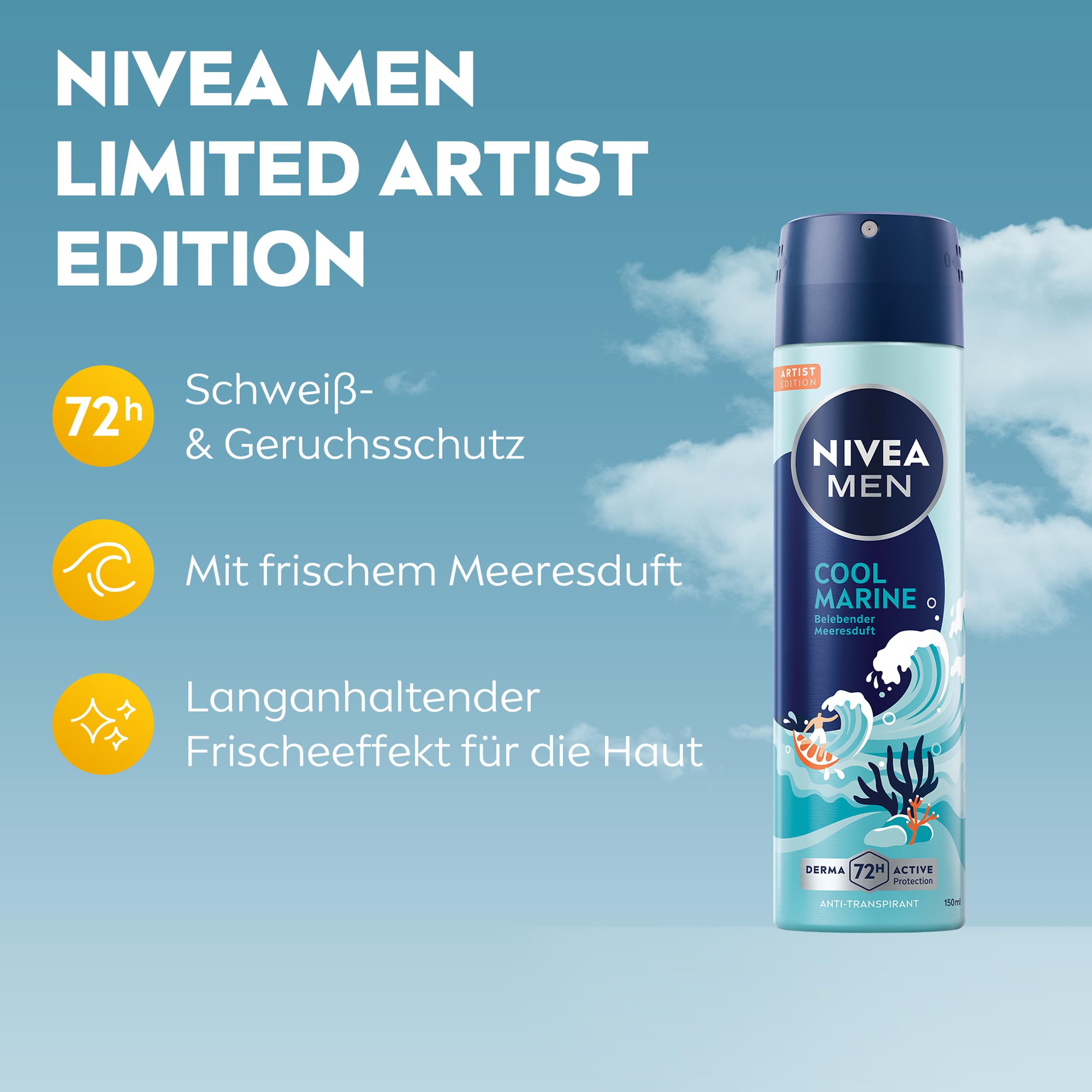 NIVEA MEN Cool Marine Artist Edition Deo Spray, Deodorant für 72h Anti-Transpirant-Schutz gegen Schweiß und Geruch, Deospray mit erfrischendem Duft (150 ml) 2