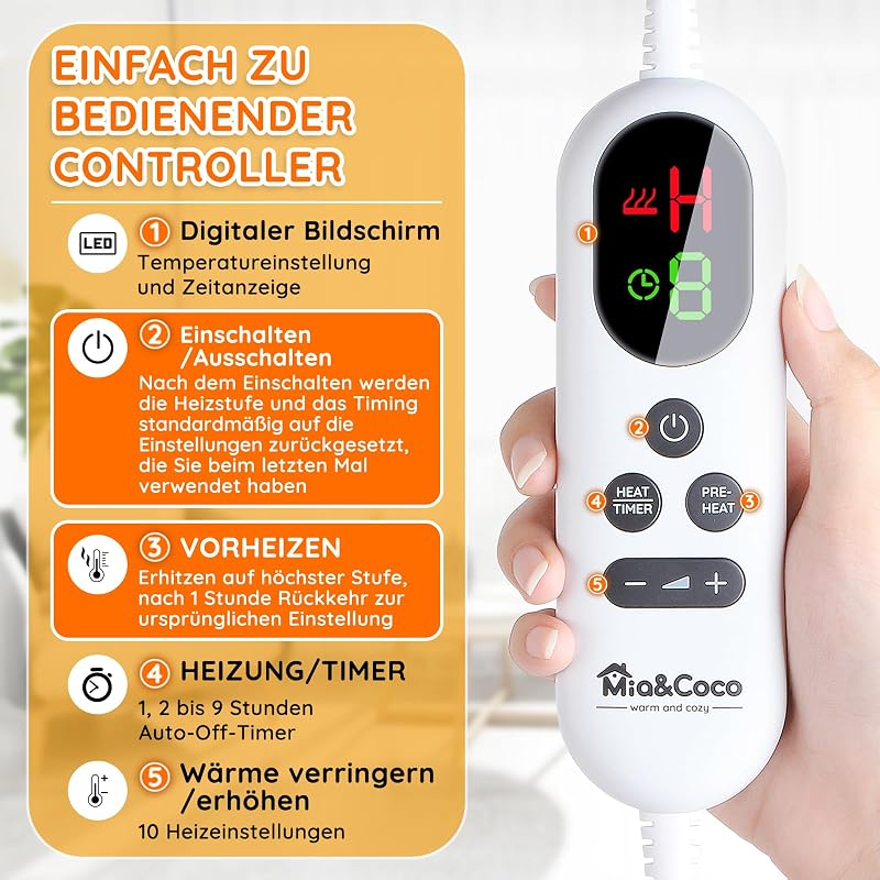 Heizdecke mit Abschaltautomatik, 10 Heizstufen Up-to-9 Stunden Auto-Off-Timer Überhitzungsschutz, Elektrische Wärmedecke Bett Wärme Decke ETL-Zertifiziert für Home & Office Flanell Waschbar