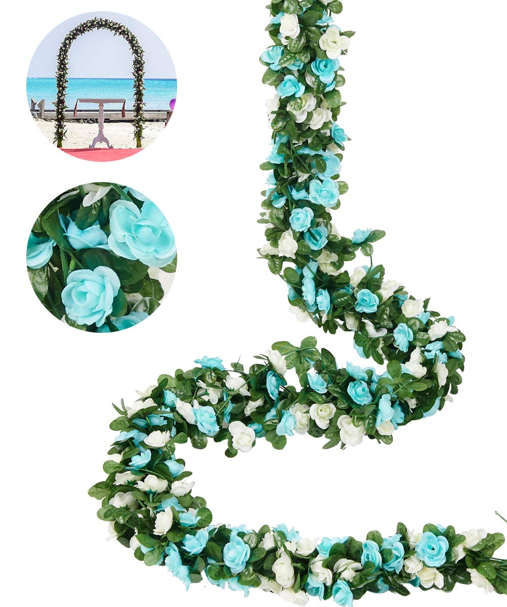 Artificial Rose Vine Flowers with Green Leaves, 8pcs 66FT Hanging Fake Flower Garland, Roses Vine for Home Hotel Office Wedding Party Garden Craft Wall Decor (White blue)