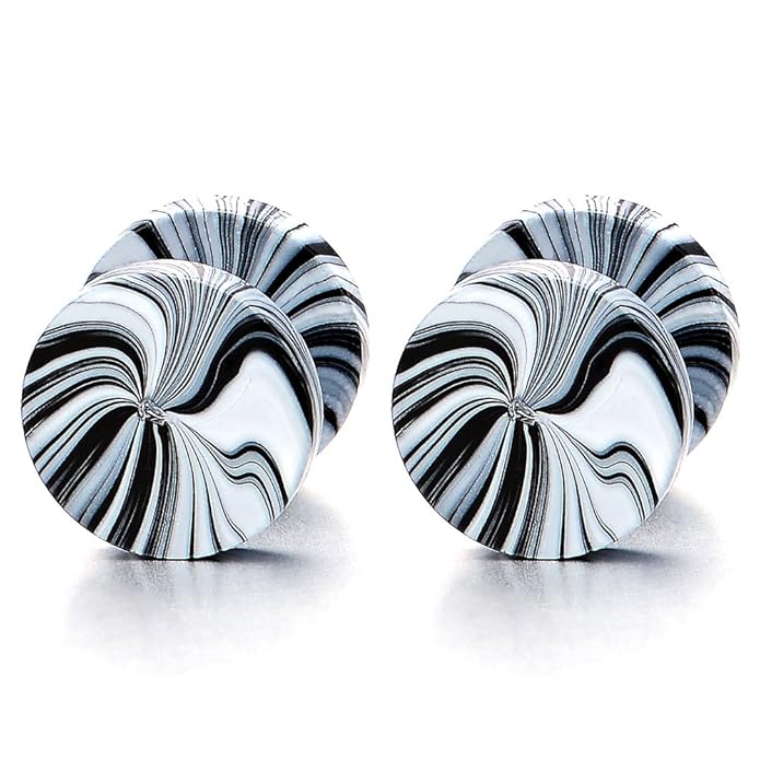 10MM Marmor Kreis Herren Damen Ohrstecker Ohrringe Fakeplugs Fake Ohr-Plug Tunnel Gauges Ohr-Piercing Edelstahl, 1 Paar