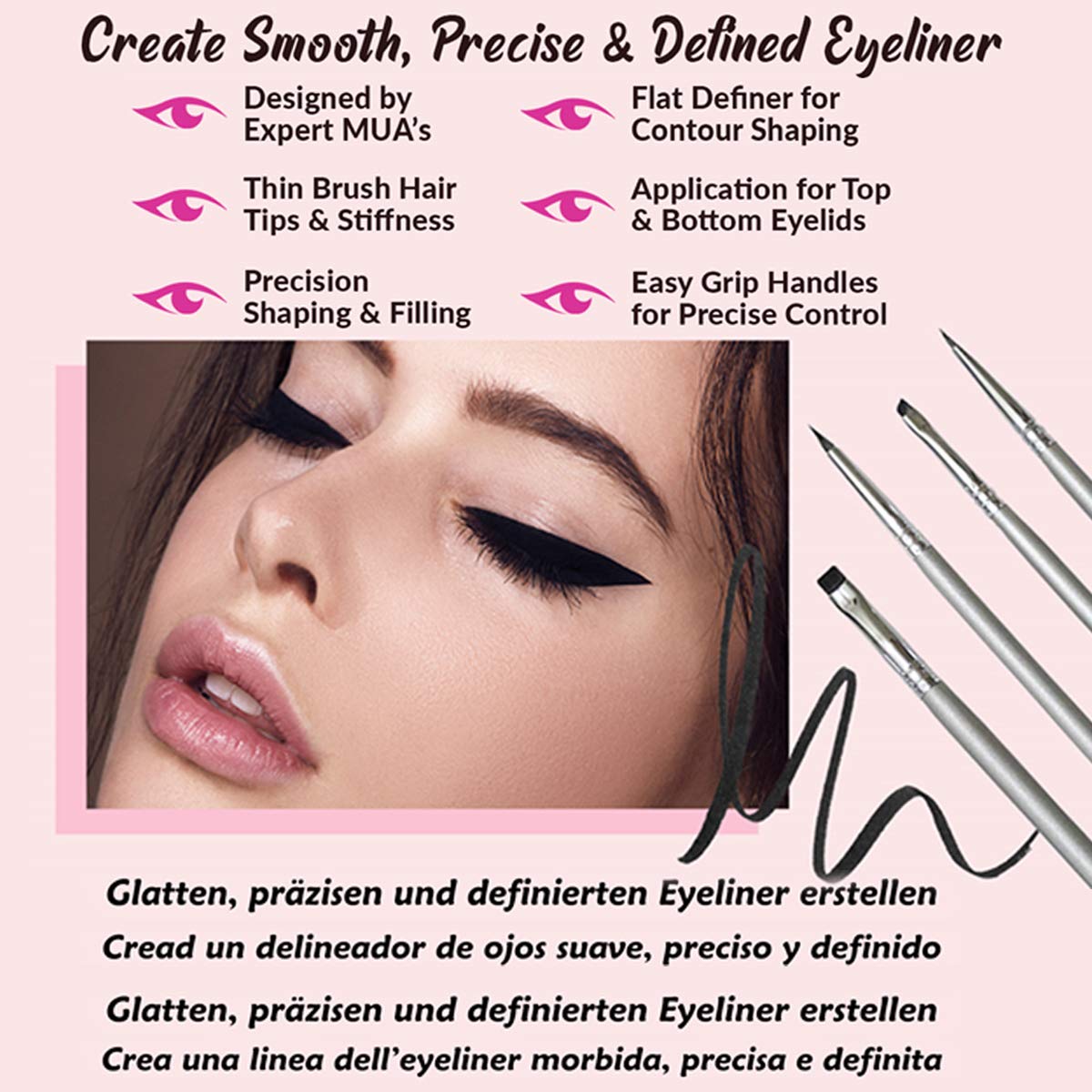 Vertex Beauty Eyeliner Brush Set - Fine, Angled, Winged, Firm, and Flat Brushes - Liquid or Gel Eyeliner Applicator - Pencil-Point Thin Bristles for Detailed Precision Eye Liner Makeup Brush Set (4 Brush Set): Beauty