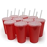 Rolling Sands 22 oz Reusable Plastic Cups with Lids, 10 Pack, USA Made Red Tumblers; Includes 10 Reusable Straws; Dishwasher Safe
