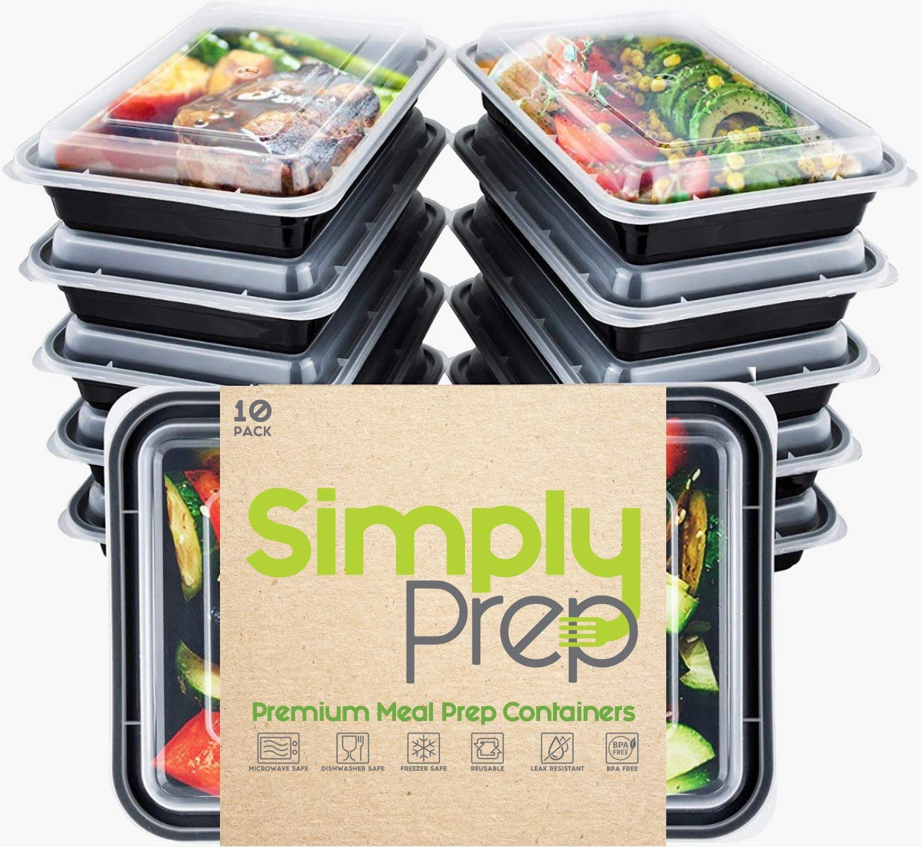 Simply Prep [10 Pack] 1 Compartment BPA Free Reusable Meal Prep Containers Plastic Food Storage Trays Leak Resistant Snap Lids Microwaveable Freezer & Dishwasher Safe Stackable Bento Lunch Boxes 28oz