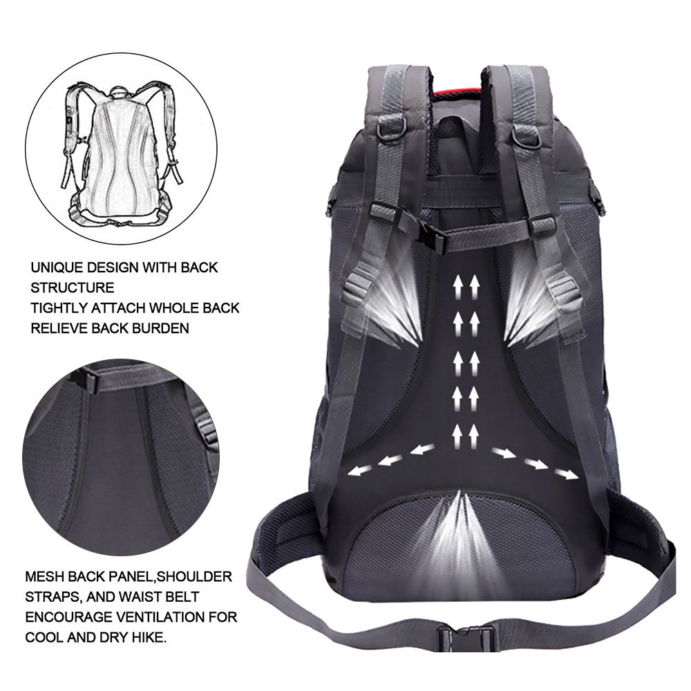 60 L Waterproof Ultra Lightweight Packable Climbing Fishing Backpack Hiking Daypack,Internal Frame Backpack,Handy Foldable Camping Outdoor Backpack Bag with a Rain Cover (Black, 60L)