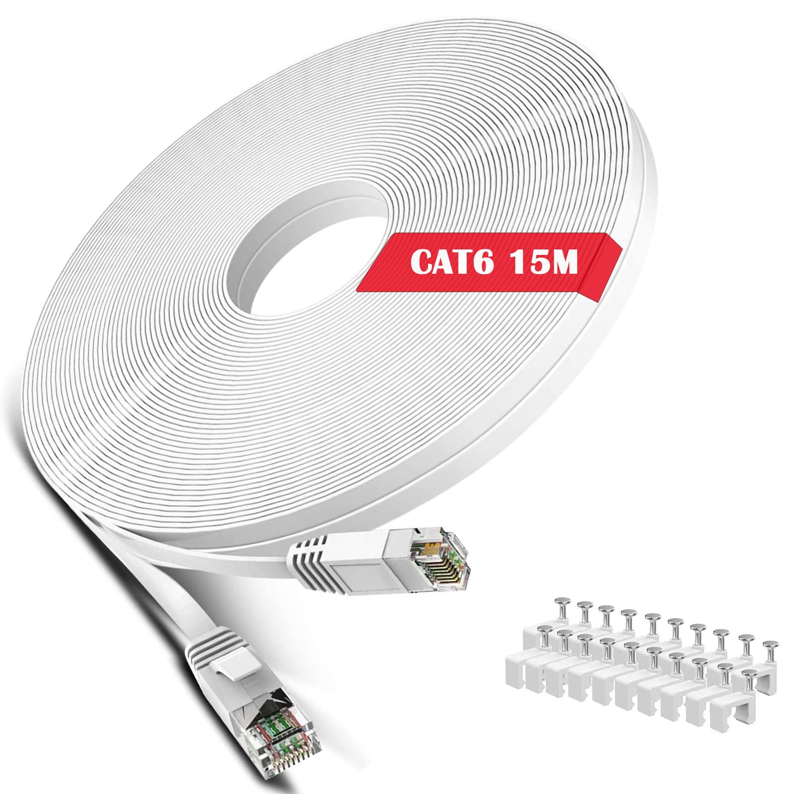 WISCENT Cat6 Ethernet Cable,Long Internet Gigabit Lan Network 30 AWG RJ45 High-Speed Patch Cord 250Mhz Flat Design 1Gbps for PC/Xbox/PS4/PS5/Modem/Router/Home Office (15m/50ft)