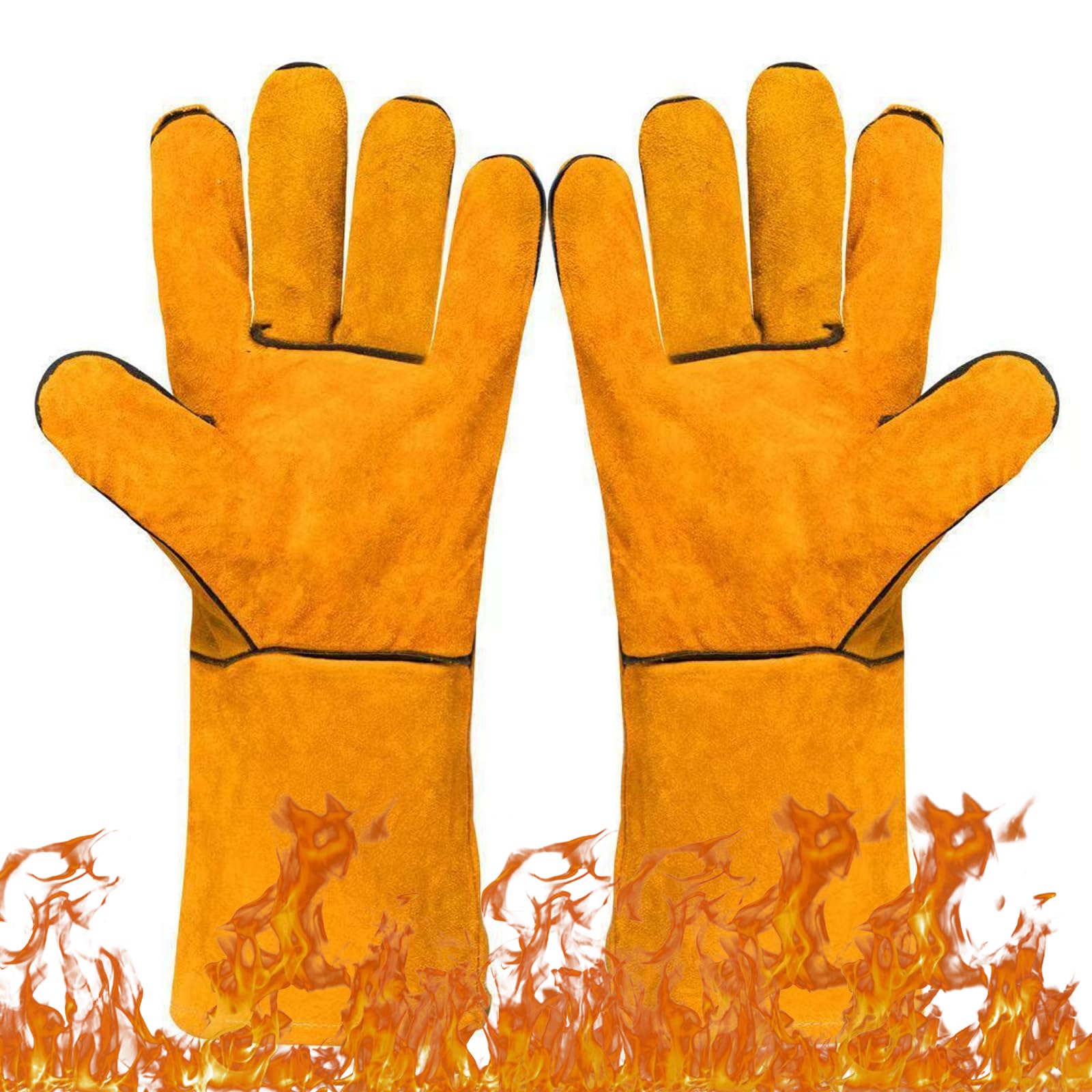 FOSDICK 33cm Welding Gloves Leather BBQ Gloves Fire Heat Resistant Gloves Heat Proof Gloves Long Sleeve Oven Mitts Fire Glove for Pot Holder, Baking, Animal Handling, Fireplace, Grill